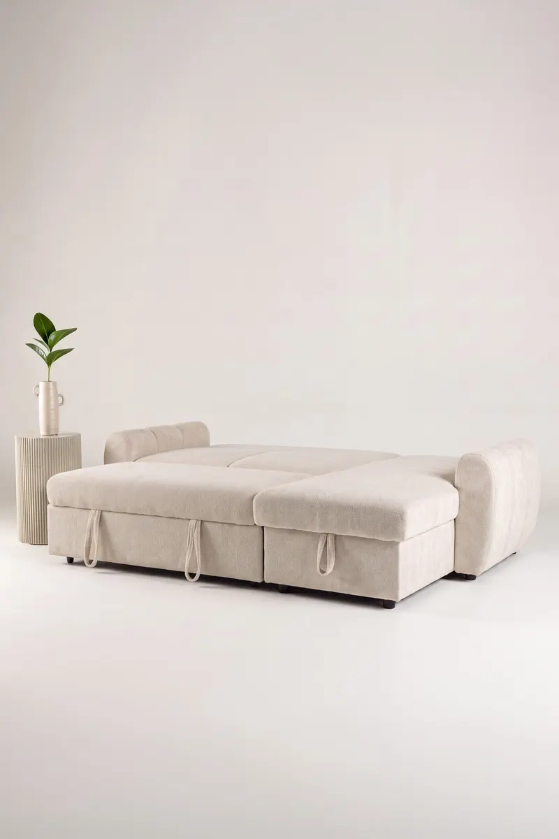 Teo Schlafsofa mit Chaiselongue in Beige, Gestell Schwarz, im Wohnraum, Ansicht 7
