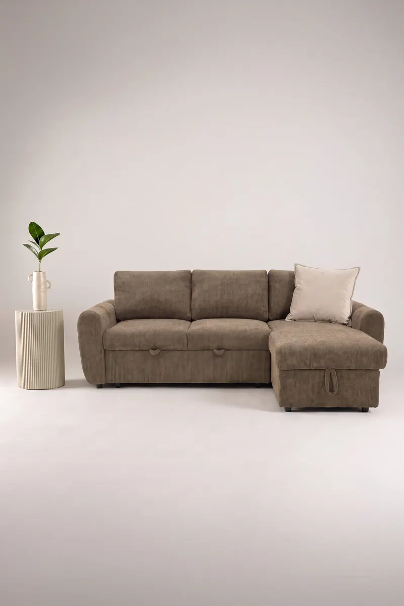 Teo Schlafsofa mit Chaiselongue in Braun, Gestell Schwarz, im Wohnraum, Ansicht 2