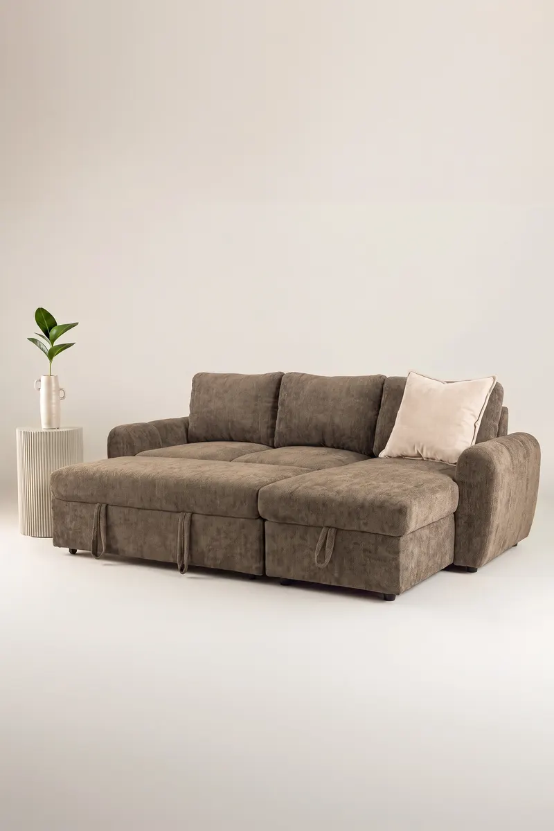 Teo Schlafsofa mit Chaiselongue in Braun, Gestell Schwarz, im Wohnraum, Ansicht 6