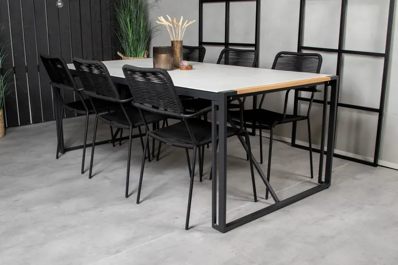 Texas & Lindos Gartenmöbel-Set mit Glastisch und 6 Seilstühlen in Schwarz, im Wohnraum, Ansicht 2