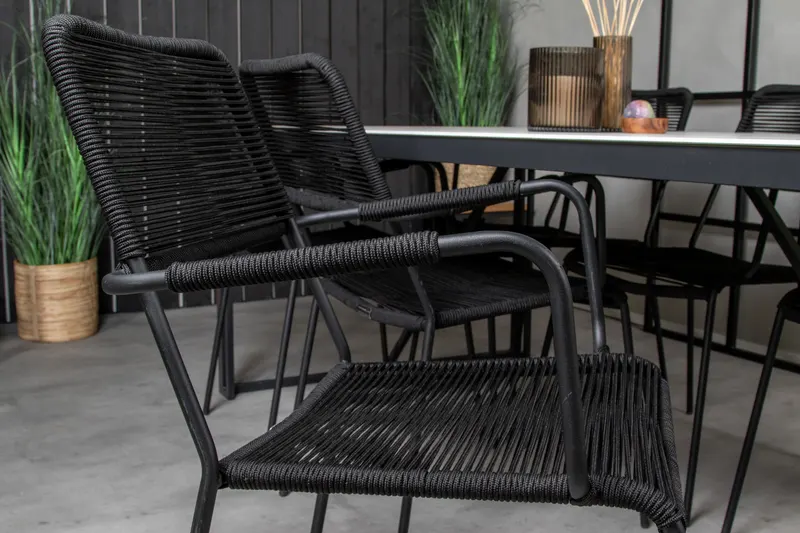 Texas & Lindos Gartenmöbel-Set mit Glastisch und 6 Seilstühlen in Schwarz, im Wohnraum, Ansicht 4