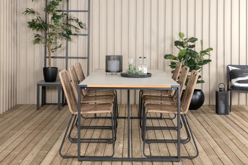 Texas & Lindos Gartenmöbel-Set mit Glastisch und 6 Seilstühlen in Braun, Gestell Schwarz, im Wohnraum, Ansicht 1