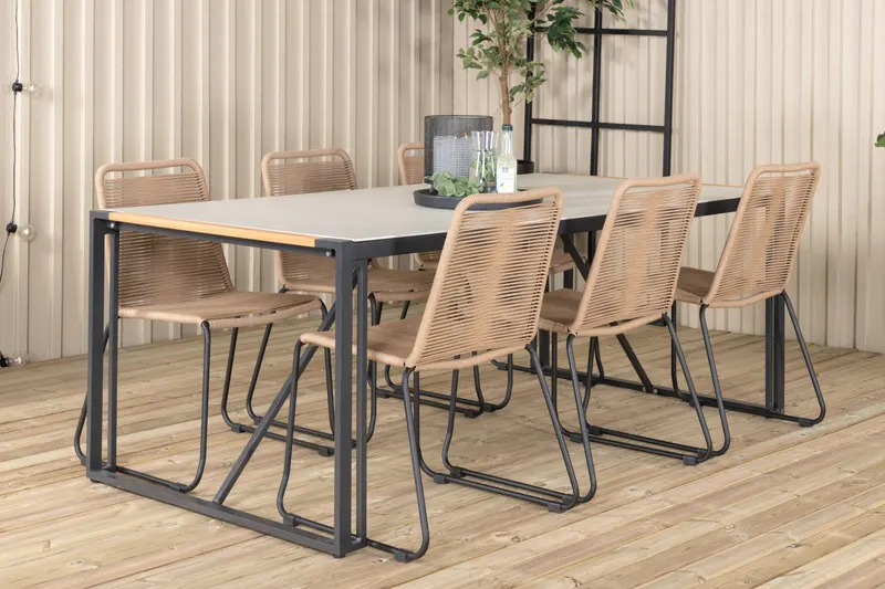 Texas & Lindos Gartenmöbel-Set mit Glastisch und 6 Seilstühlen in Braun, Gestell Schwarz, im Wohnraum, Ansicht 2