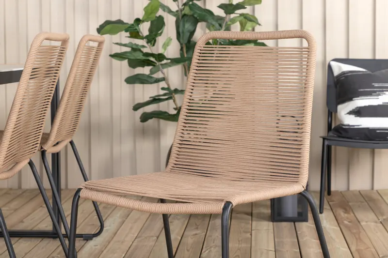 Texas & Lindos Gartenmöbel-Set mit Glastisch und 6 Seilstühlen in Braun, Gestell Schwarz, im Wohnraum, Ansicht 3
