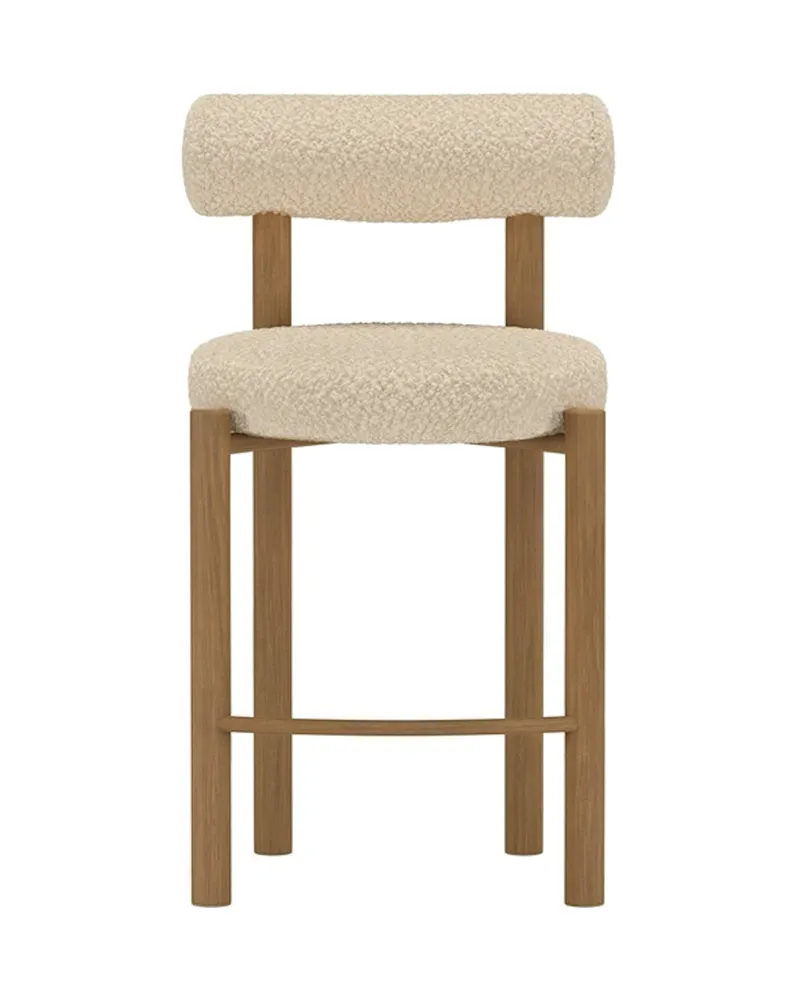 TIllo Barhocker im 2er-Set, Bouclé Weiß mit Gestell in Holzoptik, Weiß, Natur