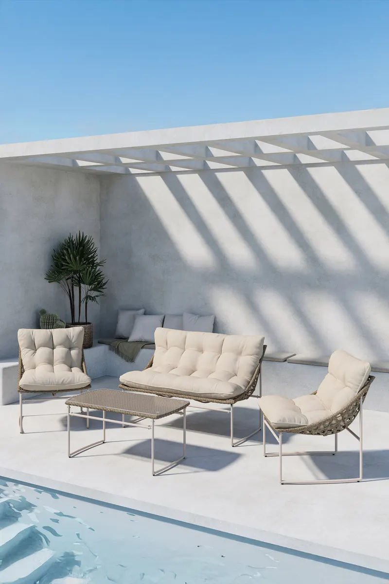 Tina Gartenlounge mit Sofa, zwei Sesseln und Glastisch in Table:95 × 50 × 45Chair:71 × 66 × 75Sofa:171 × 118 × 75 cm, Klar, Gestell Beige, im Wohnraum, Ansicht 1