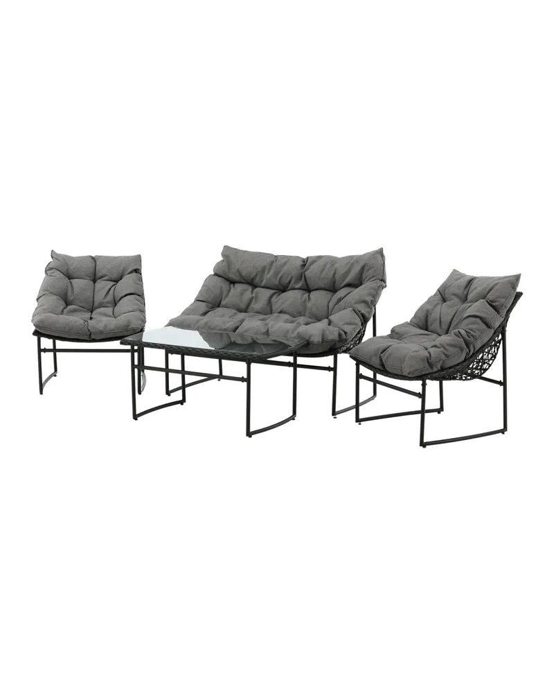 Tina Gartenlounge mit Sofa, zwei Sesseln und Glastisch in Table: H:45 L:95 W:50 Chair: D:71 H:75 W:66 Sofa: D:71 H:75 W:118 cm, Transparent, Gestell Schwarz, Ansicht 2