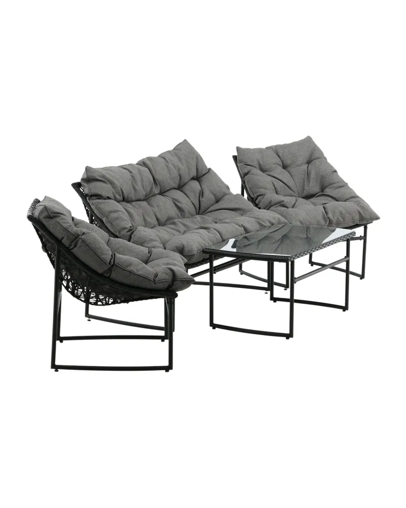 Tina Gartenlounge mit Sofa, zwei Sesseln und Glastisch in Table: H:45 L:95 W:50 Chair: D:71 H:75 W:66 Sofa: D:71 H:75 W:118 cm, Transparent, Gestell Schwarz, Ansicht 4