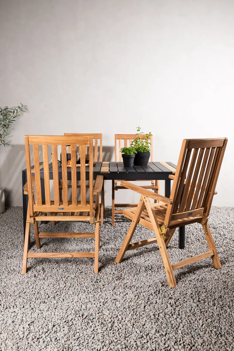 Togo & Kenya Gartenmöbel-Set mit Tisch und 4 Teak-Klappstühlen in Schwarz, im Wohnraum, Ansicht 1