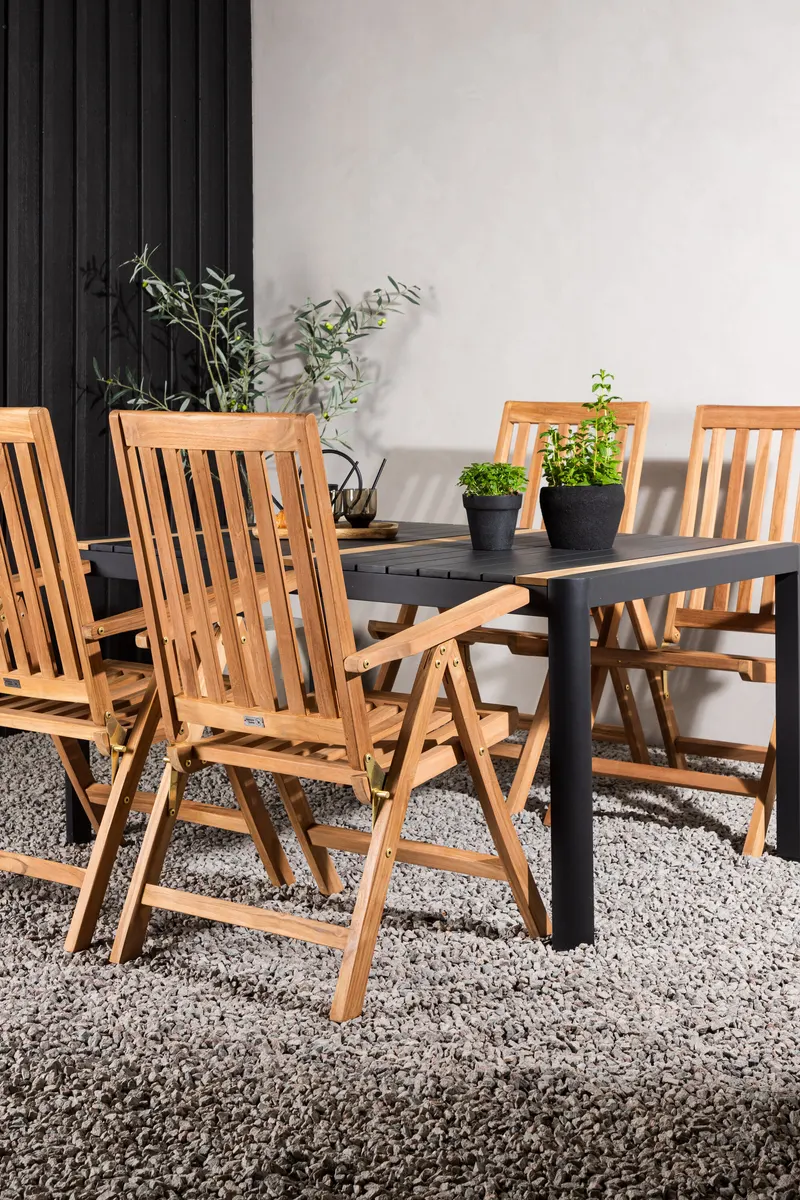 Togo & Kenya Gartenmöbel-Set mit Tisch und 4 Teak-Klappstühlen in Schwarz, im Wohnraum, Ansicht 2