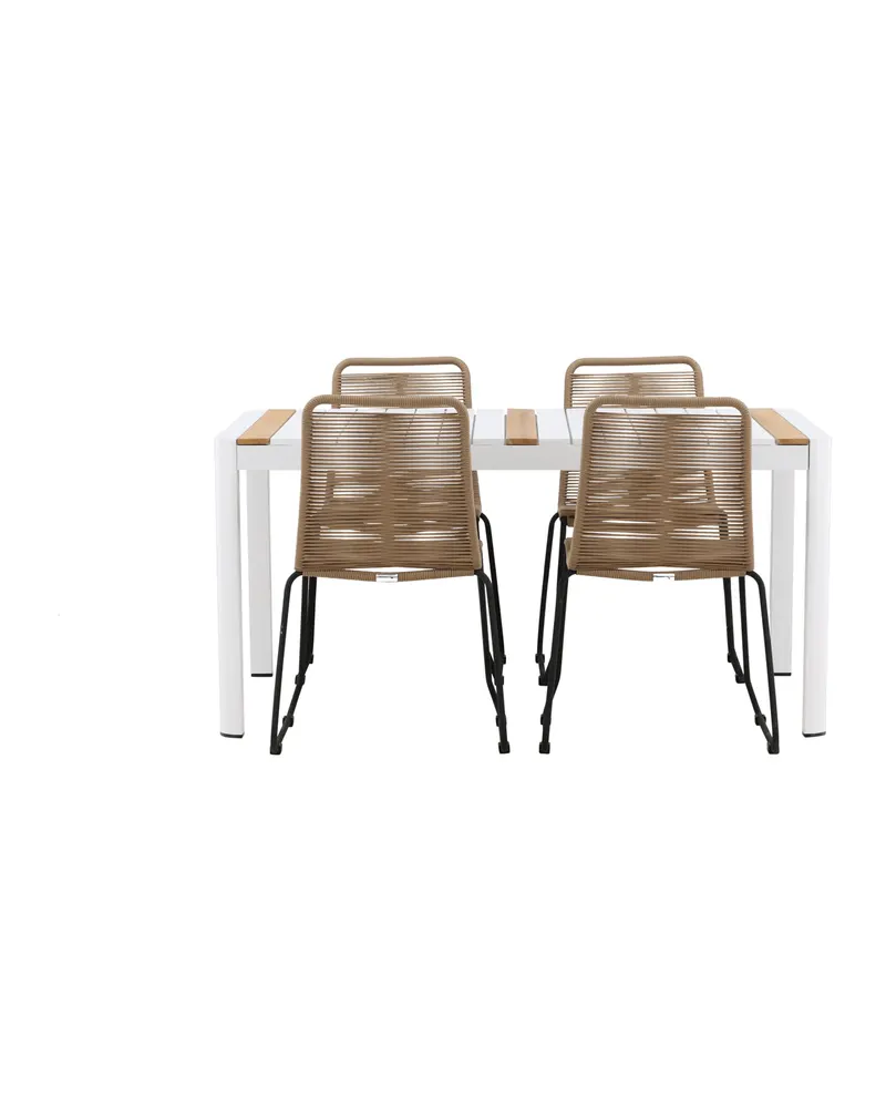 Togo & Lindos Gartenmöbel-Set: Tisch mit Teakleisten, 4 Seilstühle
