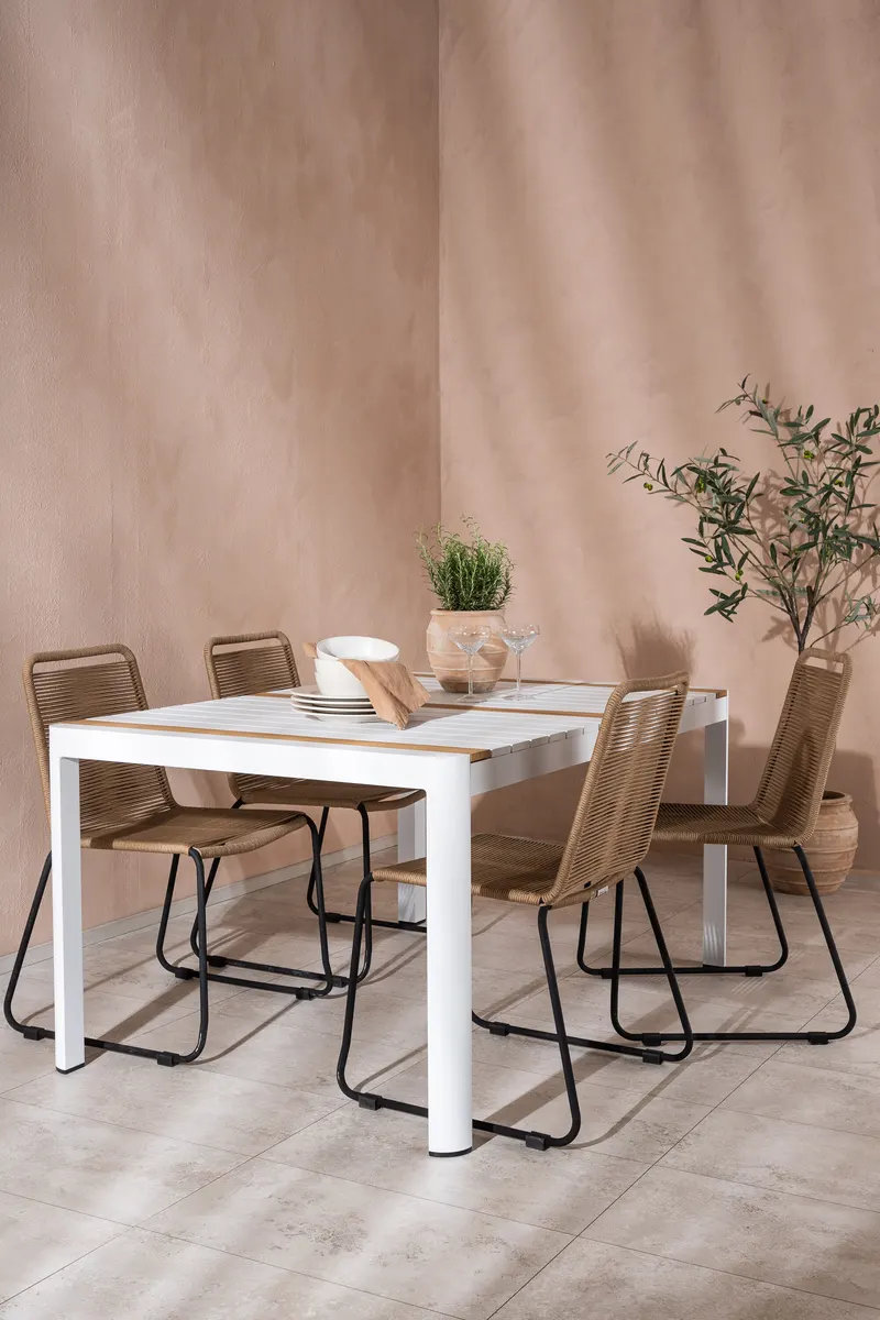 Togo & Lindos Gartenmöbel-Set mit Tisch 150 × 90 cm und 4 Seilstühlen in Weiß, im Wohnraum, Ansicht 2
