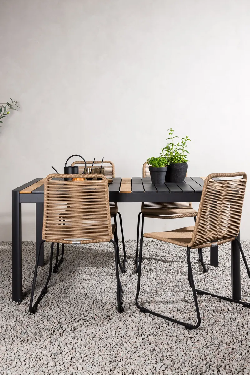 Togo & Lindos Gartenmöbel-Set mit Tisch 150 × 90 cm und 4 Seilstühlen in Schwarz, im Wohnraum, Ansicht 1
