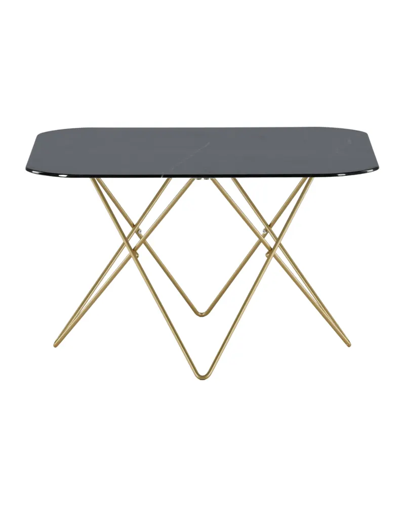 Tristar quadratischer Couchtisch aus Glas in Marmoroptik in Schwarz, Gestell Gold, Ansicht 1