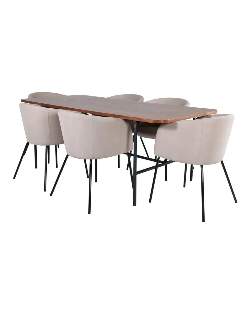 Uno & Berit Essgruppe mit rechteckigem Esstisch und 6 Polsterstühlen in Walnuss, Gestell Schwarz, Beige, Ansicht 1