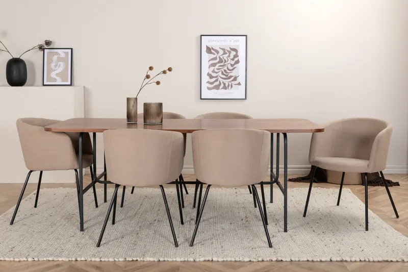 Uno & Berit Essgruppe mit rechteckigem Esstisch und 6 Polsterstühlen in Walnuss, Gestell Schwarz, Beige, im Wohnraum, Ansicht 1