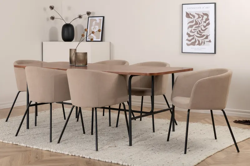 Uno & Berit Essgruppe mit rechteckigem Esstisch und 6 Polsterstühlen in Walnuss, Gestell Schwarz, Beige, im Wohnraum, Ansicht 2