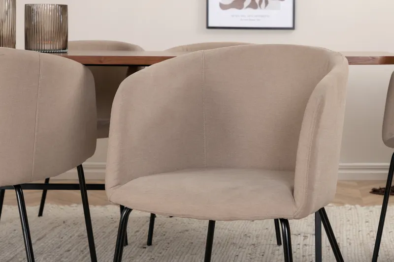 Uno & Berit Essgruppe mit rechteckigem Esstisch und 6 Polsterstühlen in Walnuss, Gestell Schwarz, Beige, im Wohnraum, Ansicht 4