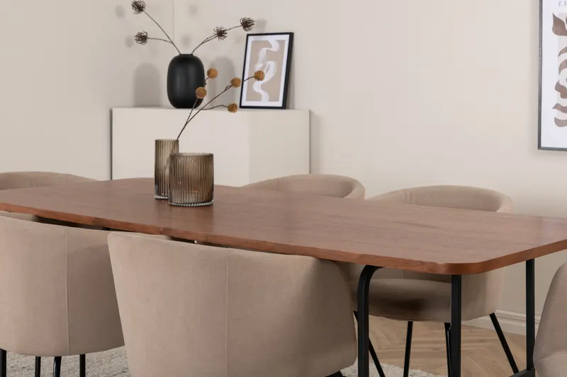 Uno & Berit Essgruppe mit rechteckigem Esstisch und 6 Polsterstühlen in Walnuss, Gestell Schwarz, Beige, im Wohnraum, Ansicht 5