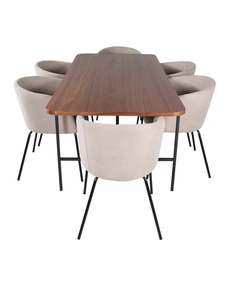 Uno & Berit Essgruppe mit rechteckigem Esstisch und 6 Polsterstühlen in Walnuss, Gestell Schwarz, Beige, Ansicht 2