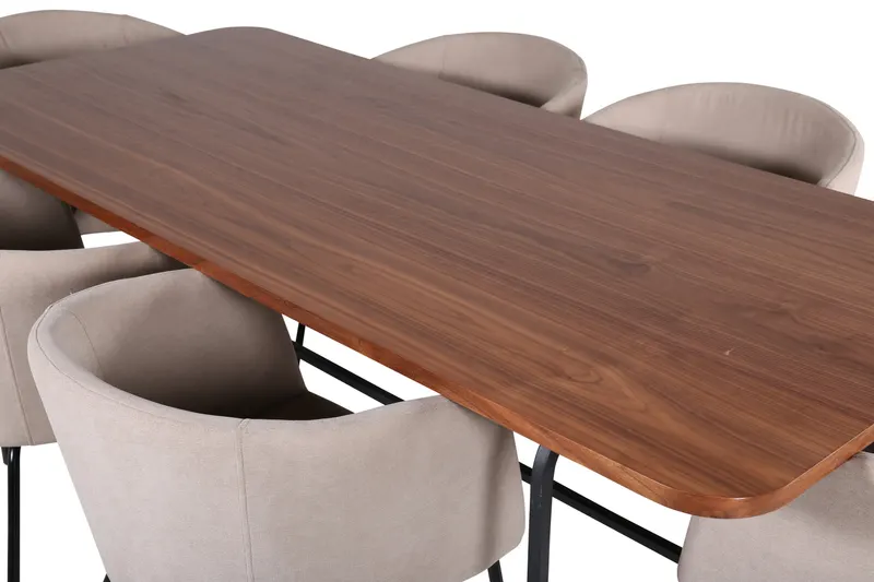 Uno & Berit Essgruppe mit rechteckigem Esstisch und 6 Polsterstühlen in Walnuss, Gestell Schwarz, Beige, Ansicht 3