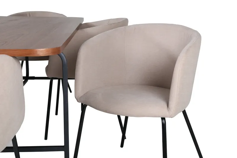 Uno & Berit Essgruppe mit rechteckigem Esstisch und 6 Polsterstühlen in Walnuss, Gestell Schwarz, Beige, Ansicht 4