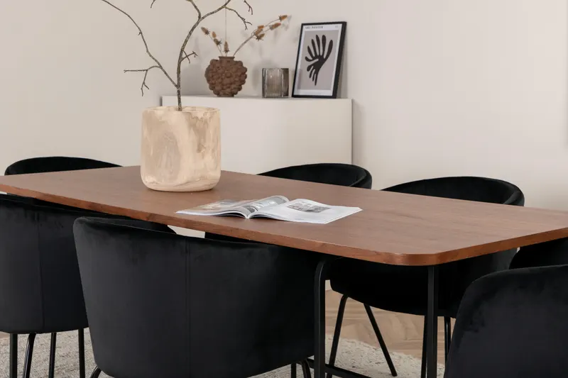 Uno & Berit Essgruppe mit rechteckigem Esstisch und 6 Polsterstühlen in Walnuss, Gestell Schwarz, im Wohnraum, Ansicht 5