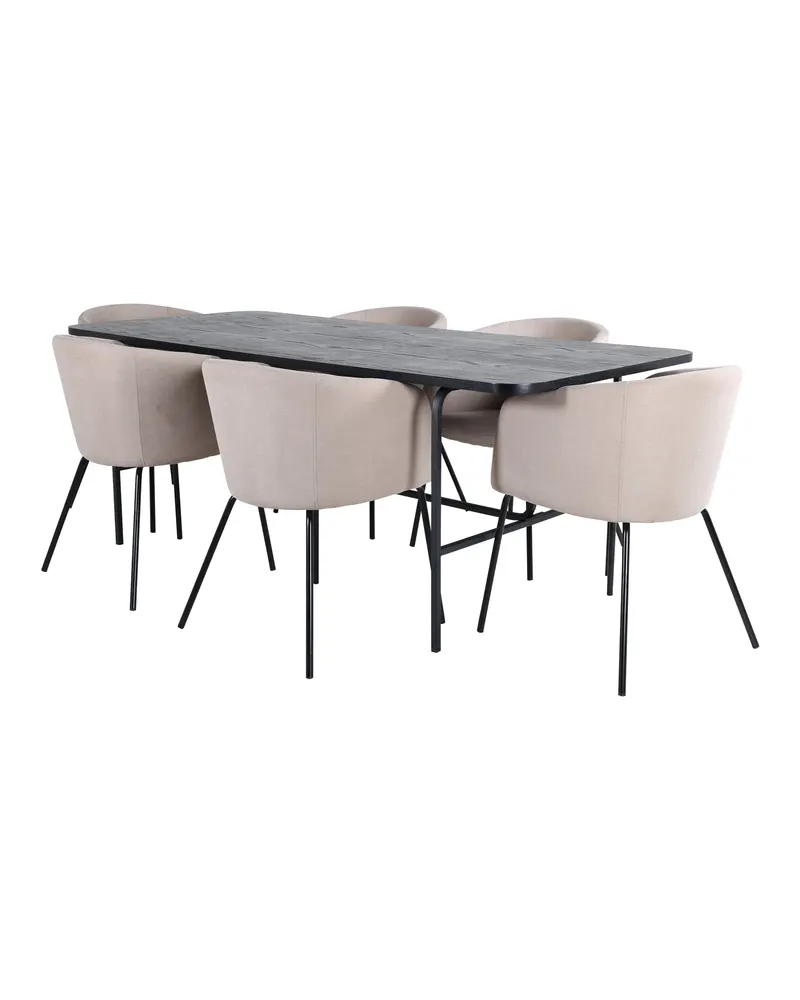 Uno & Berit Essgruppe mit rechteckigem Esstisch und 6 Polsterstühlen in Schwarz, Beige, Gestell Schwarz, Ansicht 1