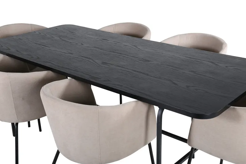 Uno & Berit Essgruppe mit rechteckigem Esstisch und 6 Polsterstühlen in Schwarz, Beige, Gestell Schwarz, Ansicht 3