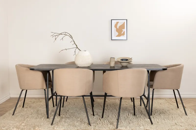 Uno & Berit Essgruppe mit rechteckigem Esstisch und 6 Polsterstühlen in Schwarz, Beige, Gestell Schwarz, im Wohnraum, Ansicht 1