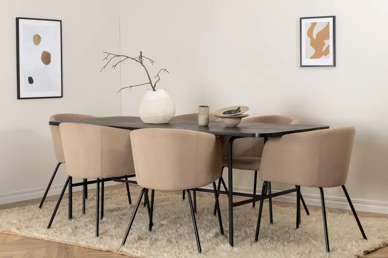 Uno & Berit Essgruppe mit rechteckigem Esstisch und 6 Polsterstühlen in Schwarz, Beige, Gestell Schwarz, im Wohnraum, Ansicht 2