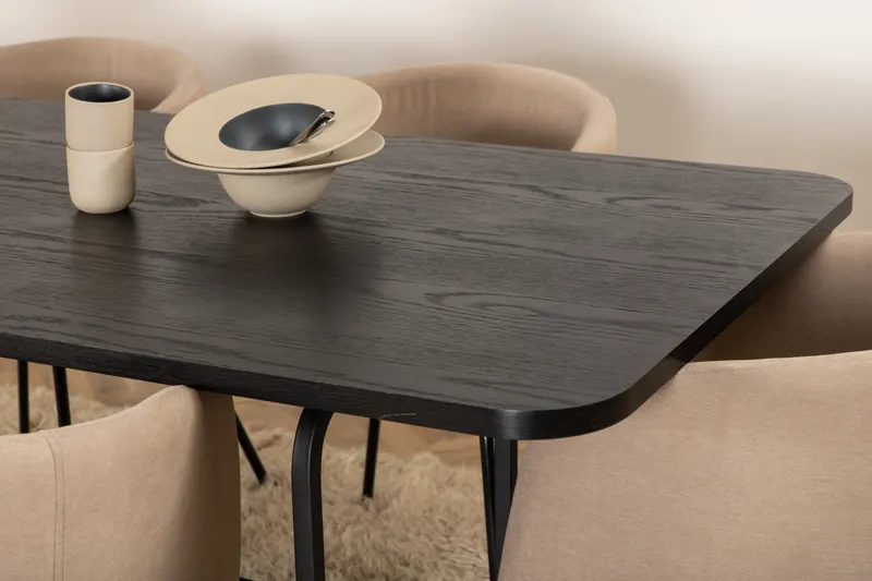 Uno & Berit Essgruppe mit rechteckigem Esstisch und 6 Polsterstühlen in Schwarz, Beige, Gestell Schwarz, im Wohnraum, Ansicht 3