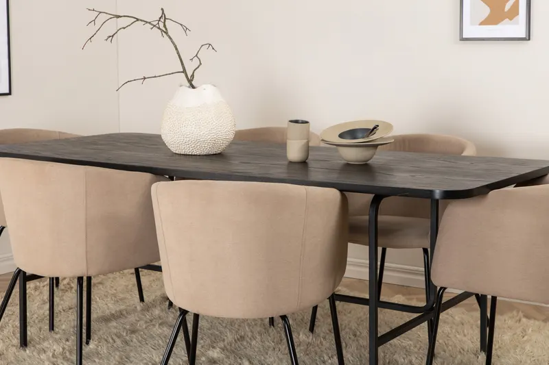 Uno & Berit Essgruppe mit rechteckigem Esstisch und 6 Polsterstühlen in Schwarz, Beige, Gestell Schwarz, im Wohnraum, Ansicht 5