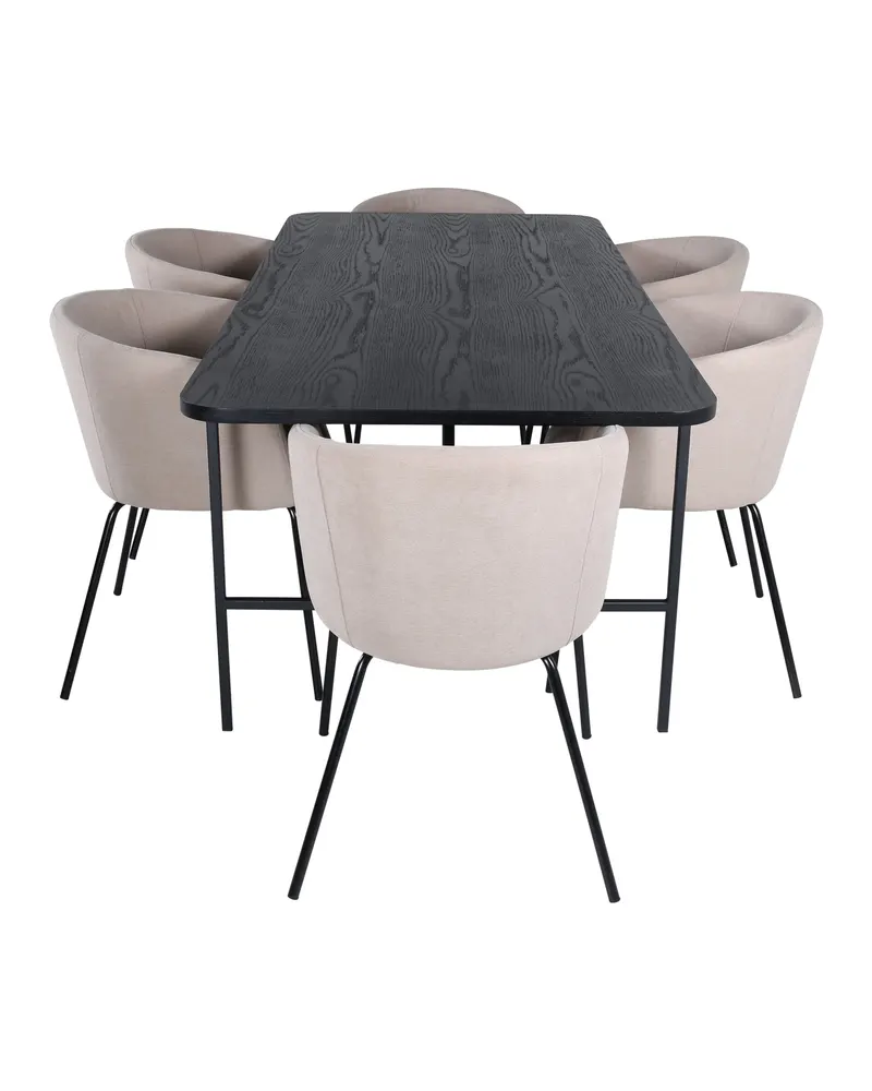 Uno & Berit Essgruppe mit rechteckigem Esstisch und 6 Polsterstühlen in Schwarz, Beige, Gestell Schwarz, Ansicht 2