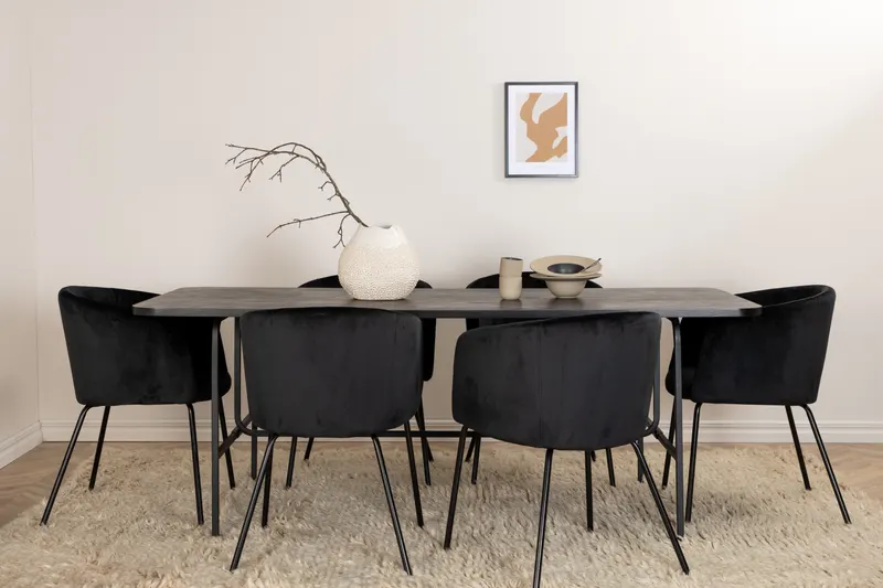 Uno & Berit Essgruppe mit rechteckigem Esstisch und 6 Polsterstühlen in Schwarz, im Wohnraum, Ansicht 1
