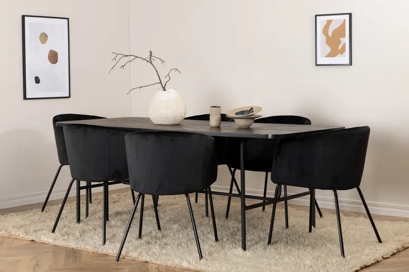 Uno & Berit Essgruppe mit rechteckigem Esstisch und 6 Polsterstühlen in Schwarz, im Wohnraum, Ansicht 2