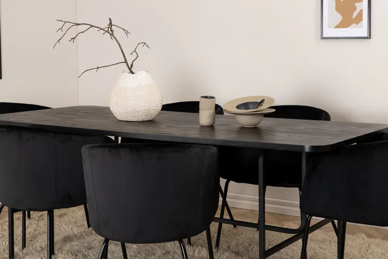 Uno & Berit Essgruppe mit rechteckigem Esstisch und 6 Polsterstühlen in Schwarz, im Wohnraum, Ansicht 5
