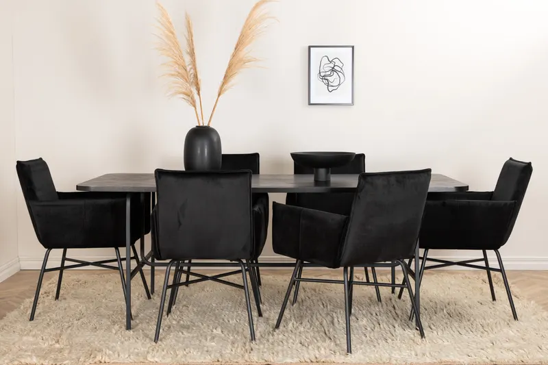 Uno & Petra Essgruppe mit rechteckigem Esstisch und 6 Armlehnstühlen in Schwarz, im Wohnraum, Ansicht 1