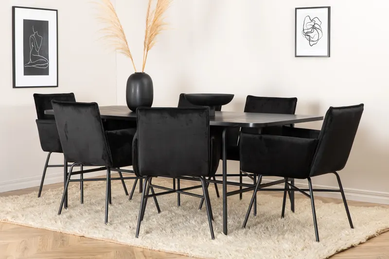 Uno & Petra Essgruppe mit rechteckigem Esstisch und 6 Armlehnstühlen in Schwarz, im Wohnraum, Ansicht 2