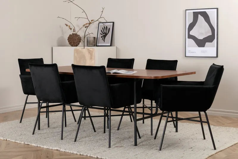 Uno & Petra Essgruppe mit rechteckigem Esstisch und 6 Armlehnstühlen in Walnuss, Gestell Schwarz, im Wohnraum, Ansicht 2