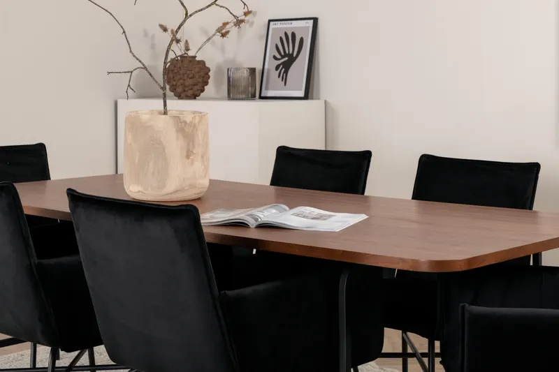 Uno & Petra Essgruppe mit rechteckigem Esstisch und 6 Armlehnstühlen in Walnuss, Gestell Schwarz, im Wohnraum, Ansicht 5