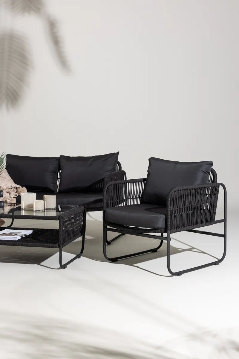 Utah Gartenlounge mit Seilbespannung, Sofa, zwei Sesseln und Glastisch, im Wohnraum, Ansicht 2