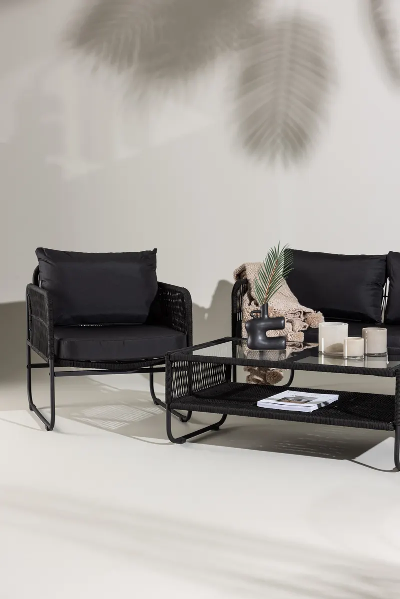Utah Gartenlounge mit Seilbespannung, Sofa, zwei Sesseln und Glastisch, im Wohnraum, Ansicht 3