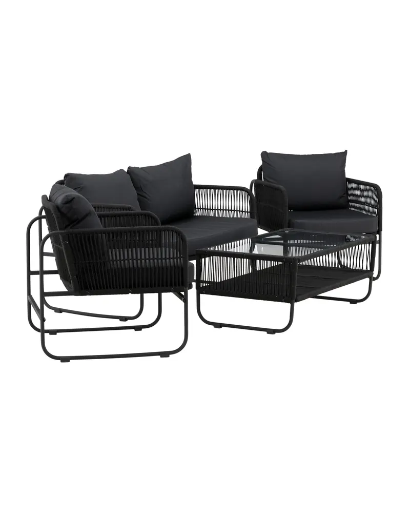 Utah Gartenlounge mit Seilbespannung, Sofa, zwei Sesseln und Glastisch, Ansicht 1