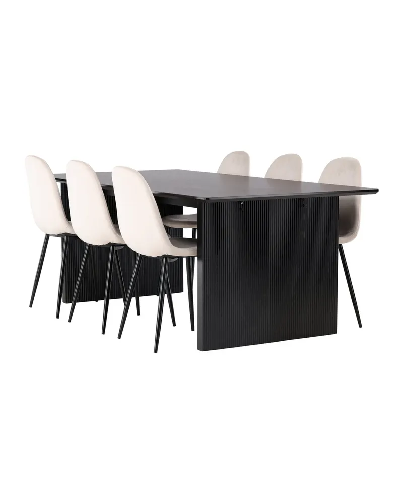 Vail & Polar Essgruppe mit schwarzem Esstisch auf Wangen und 6 Samtstühlen in Beige, Gestell Schwarz, Ansicht 6