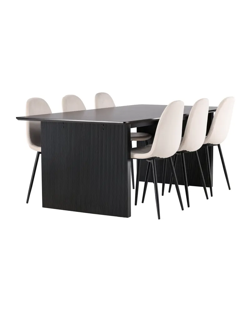 Vail & Polar Essgruppe mit schwarzem Esstisch auf Wangen und 6 Samtstühlen in Beige, Gestell Schwarz, Ansicht 2