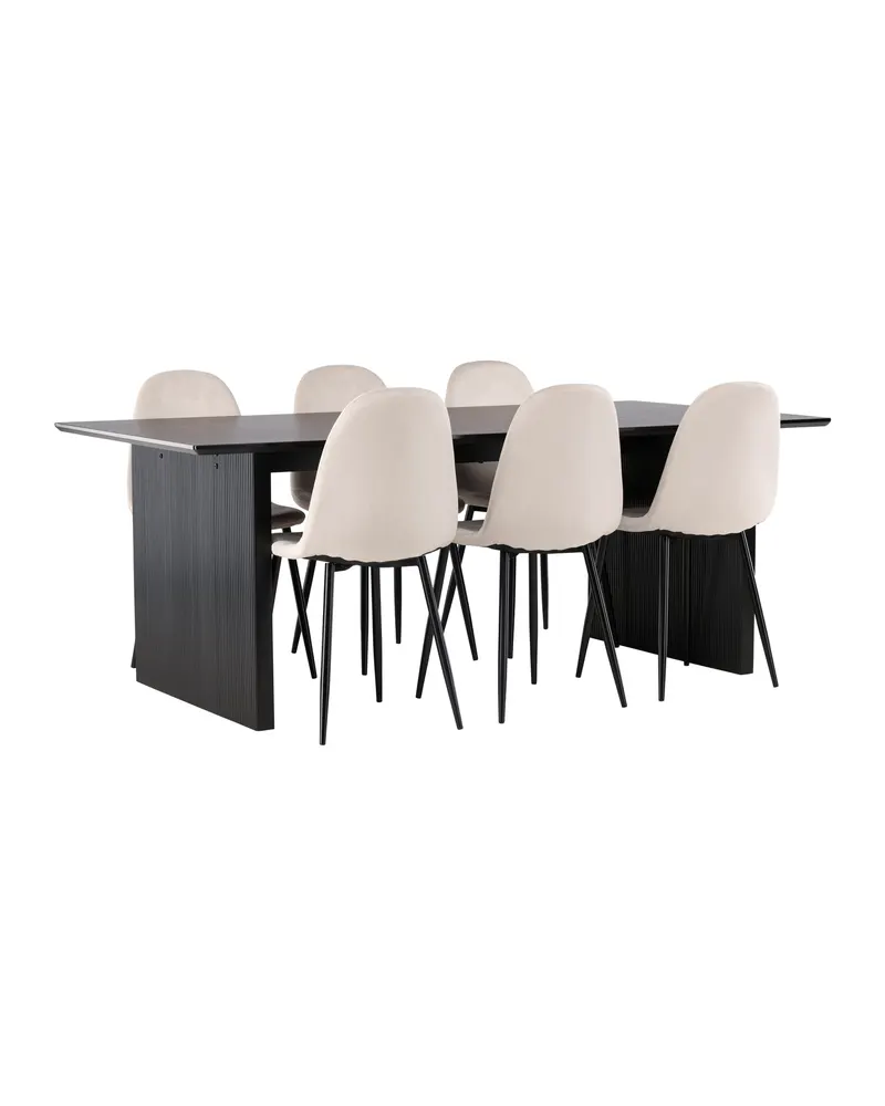 Vail & Polar Essgruppe mit schwarzem Esstisch auf Wangen und 6 Samtstühlen in Beige, Gestell Schwarz, Ansicht 3