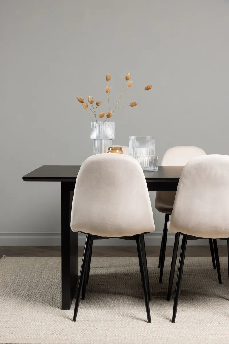 Vail & Polar Essgruppe mit schwarzem Esstisch auf Wangen und 6 Samtstühlen in Beige, Gestell Schwarz, im Wohnraum, Ansicht 2