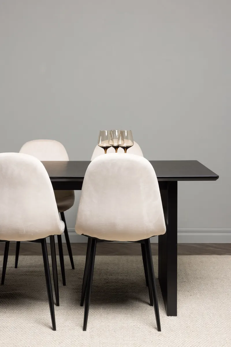 Vail & Polar Essgruppe mit schwarzem Esstisch auf Wangen und 6 Samtstühlen in Beige, Gestell Schwarz, im Wohnraum, Ansicht 3