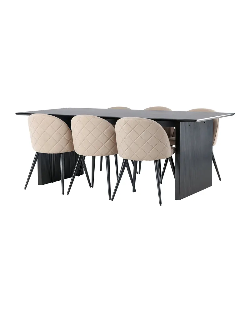 Vail & Velvet Essgruppe mit schwarzem Esstisch und 6 gepolsterten Stühlen in Beige, Gestell Schwarz, Ansicht 5